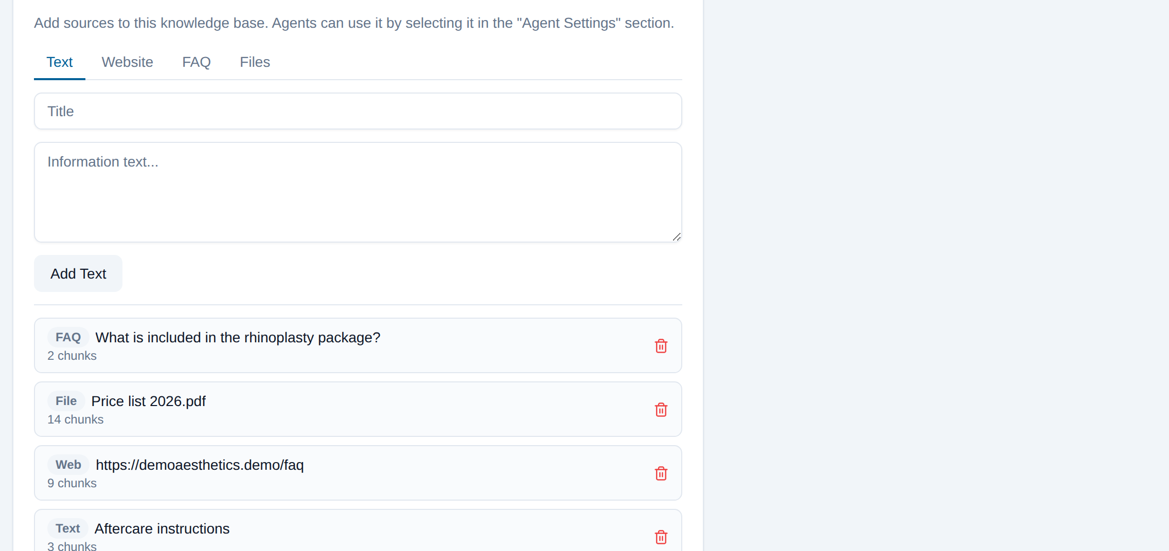 Knowledge base sources: text, website, FAQ and files; list of added sources