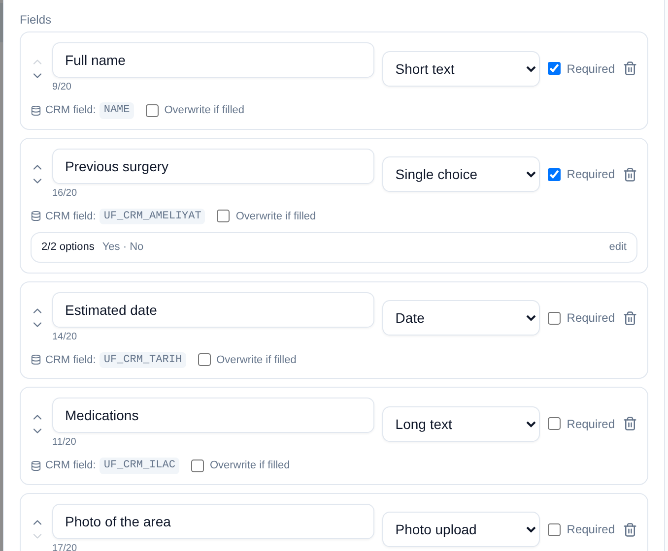 Form fields mapped to CRM fields in the builder, with the option list