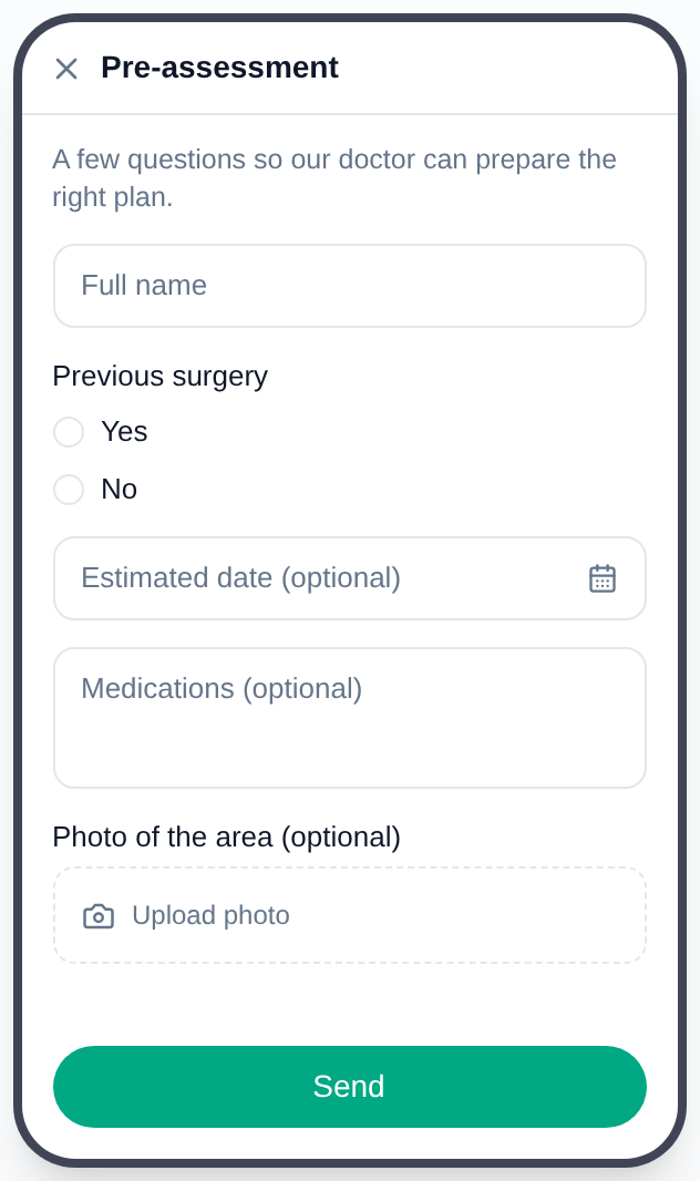 A pre-assessment form on the phone: the fields and the submit button