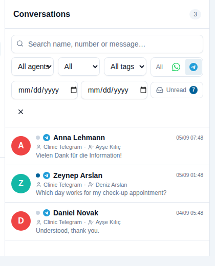 The conversation list filtered to Telegram