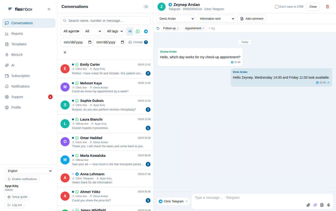 A Telegram conversation in the panel: owner, stage and tags above the chat