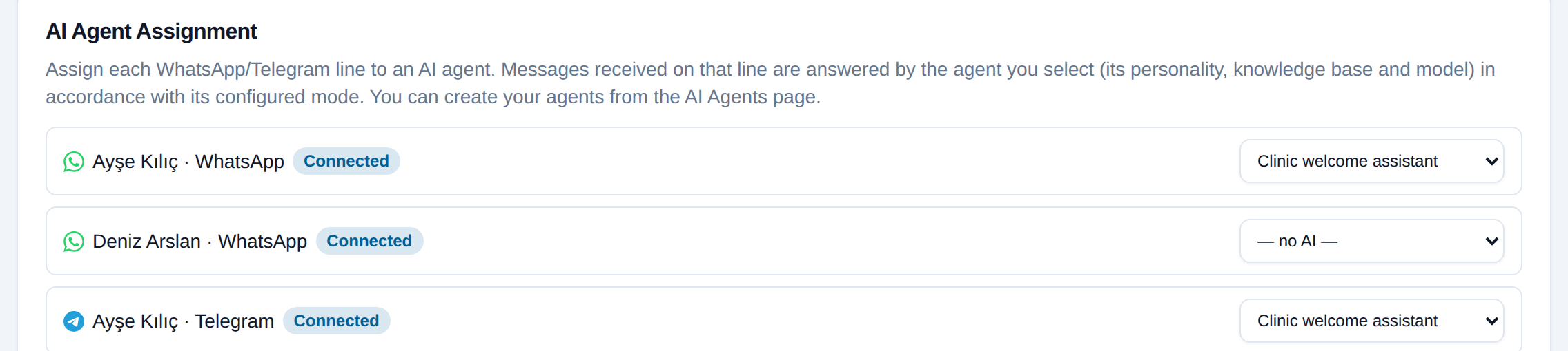 Zoho AI Settings tab: assigned agent selector next to each WhatsApp and Telegram line