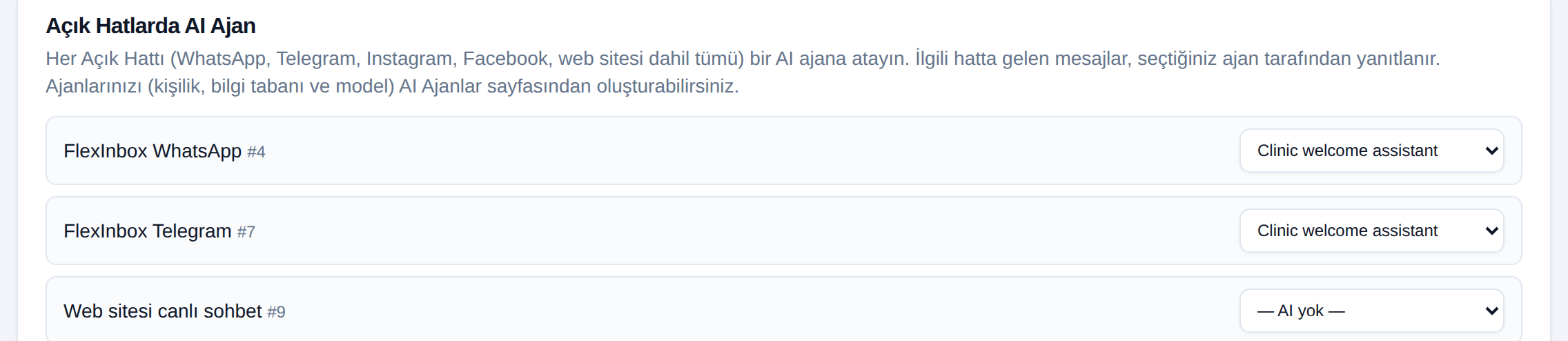 Bitrix24 AI Ayarları sekmesi: her Açık Hat karşısında atanmış ajan seçici