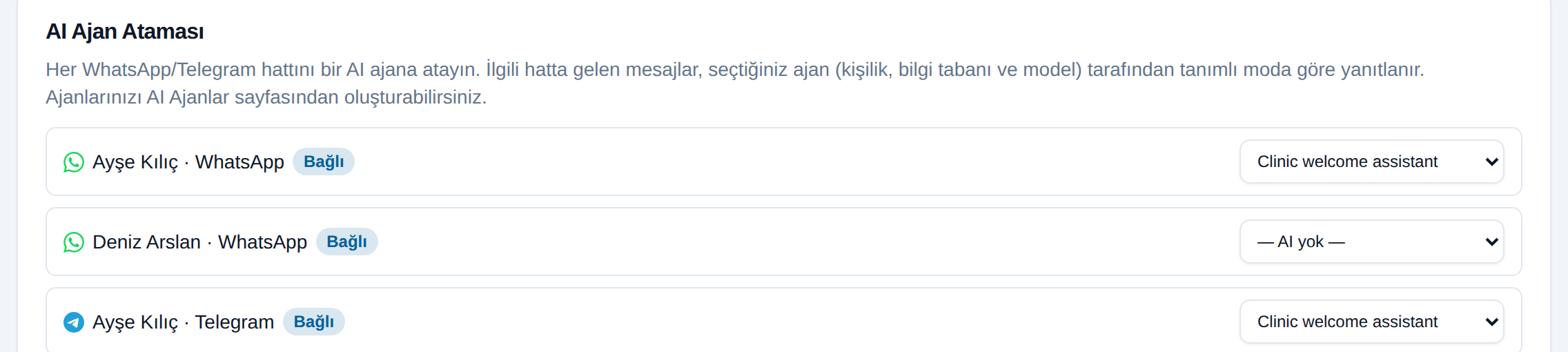 HubSpot AI Ayarları sekmesi: her WhatsApp ve Telegram hattı karşısında atanmış ajan seçici