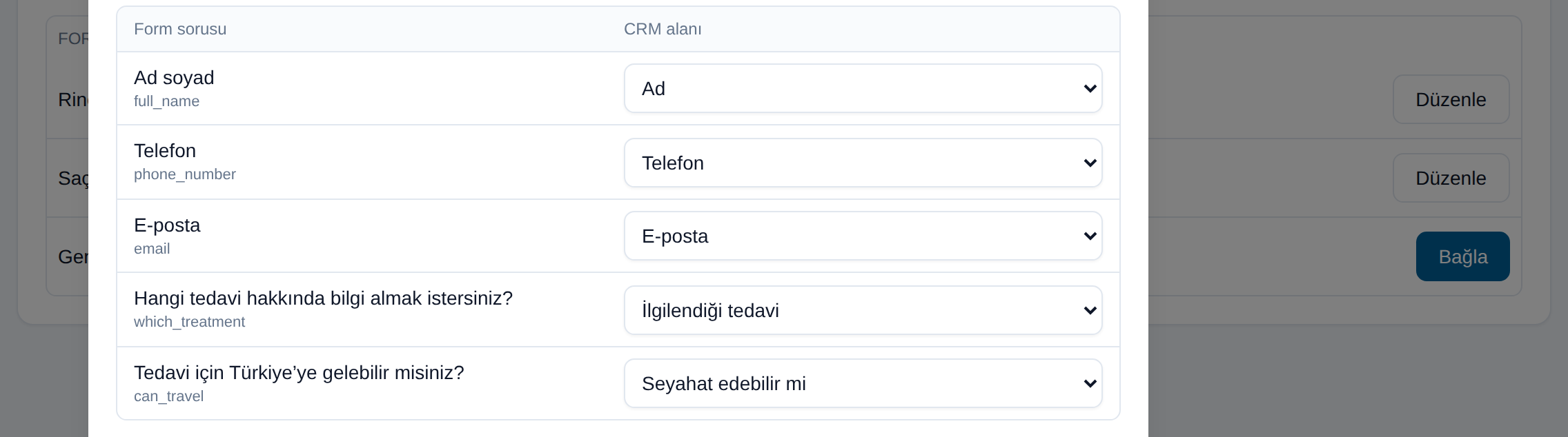 Form sorusu ile Bitrix24 alanı eşleme ekranı
