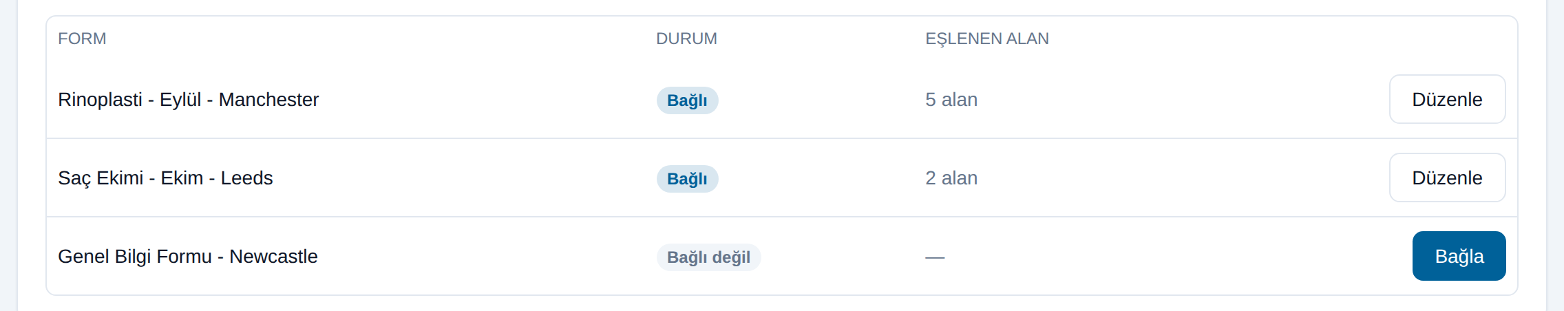 Meta reklam formları listesi: bağlı formlar, eşlenen alan sayısı ve Bağla düğmesi