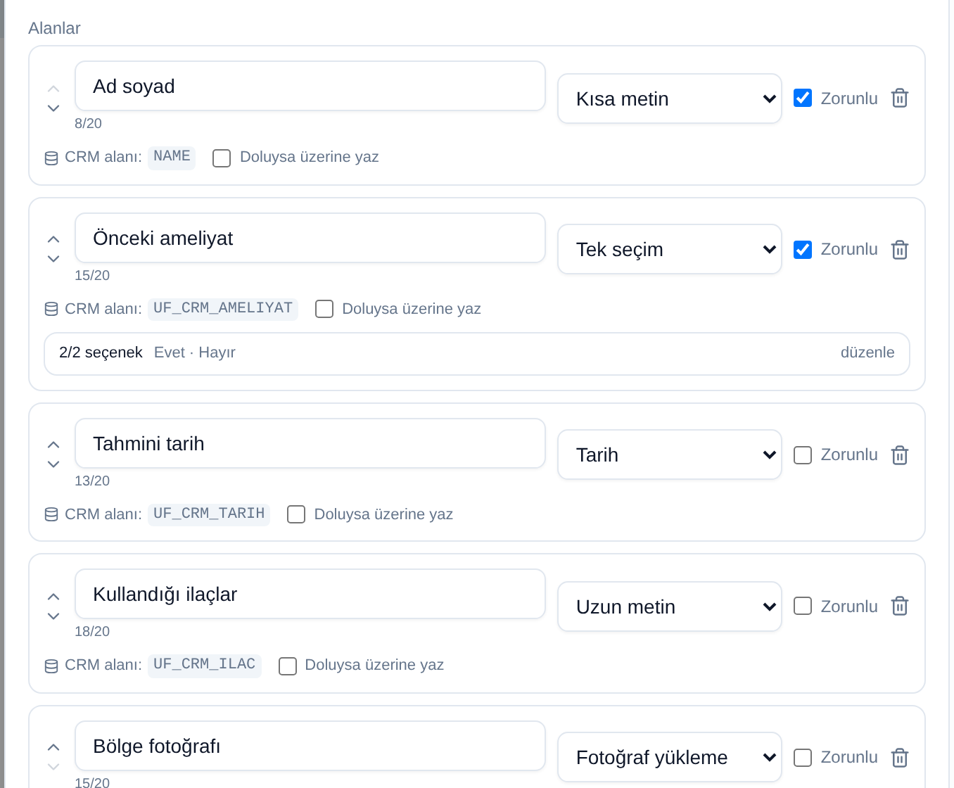 Form kurucuda alanların CRM alanlarıyla eşleşmesi ve seçenek listesi
