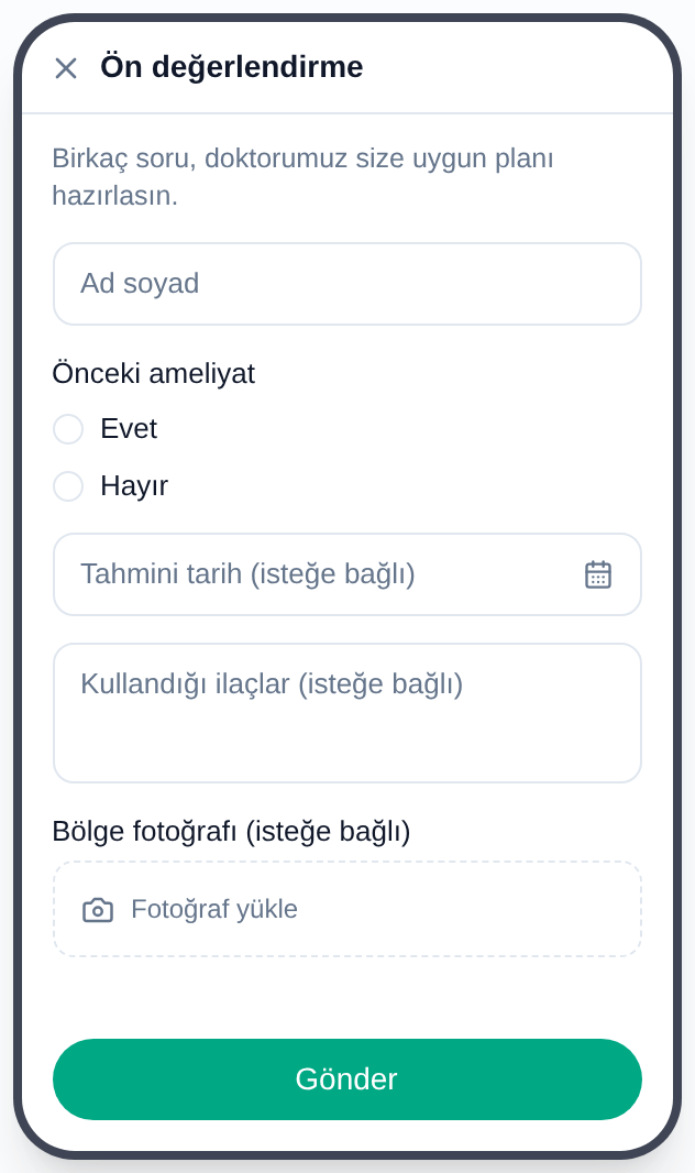 Ön değerlendirme formunun telefondaki hâli: alanlar ve gönder düğmesi