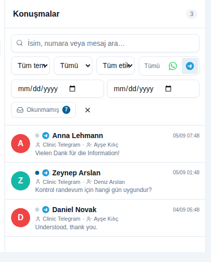 Kanal filtresi Telegram'a alınmış konuşma listesi