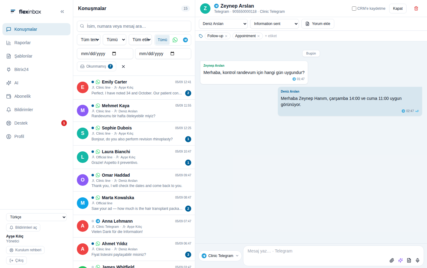 Panelde bir Telegram sohbeti: sorumlu, aşama ve etiketler sohbetin üstünde